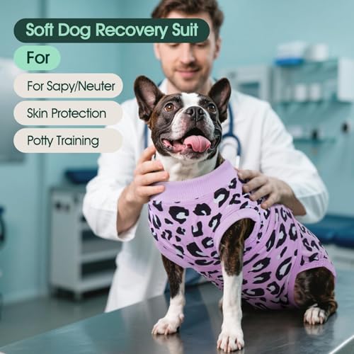 Image of Kuoser Dog Recovery Suit for Dogs After Surgery,Professional Surgical Onesie for Female Male Dogs Spay Neuter,Soft Dog Surgery Suit Bodysuit for Abdominal Wounds Skin Disease,Purple Leopard XS