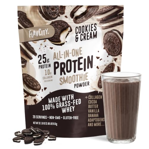 FlavCity All in One Protein Shake Powder Cookies and Cream - On the Go Meal Alternative + Collagen Peptides Reishi & Cordyceps - Focus Skin Hair & Joint Support - 100% Grass Fed Whey 20 Servings