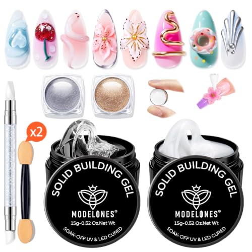 Image of modelones 3D Gel Nail Art Kit, Non-Sticky Clear and White Sculpting Gel for Nail Art Molding & Extensions with Chrome powder for Beginner DIY or Salon at Home Cured Needed