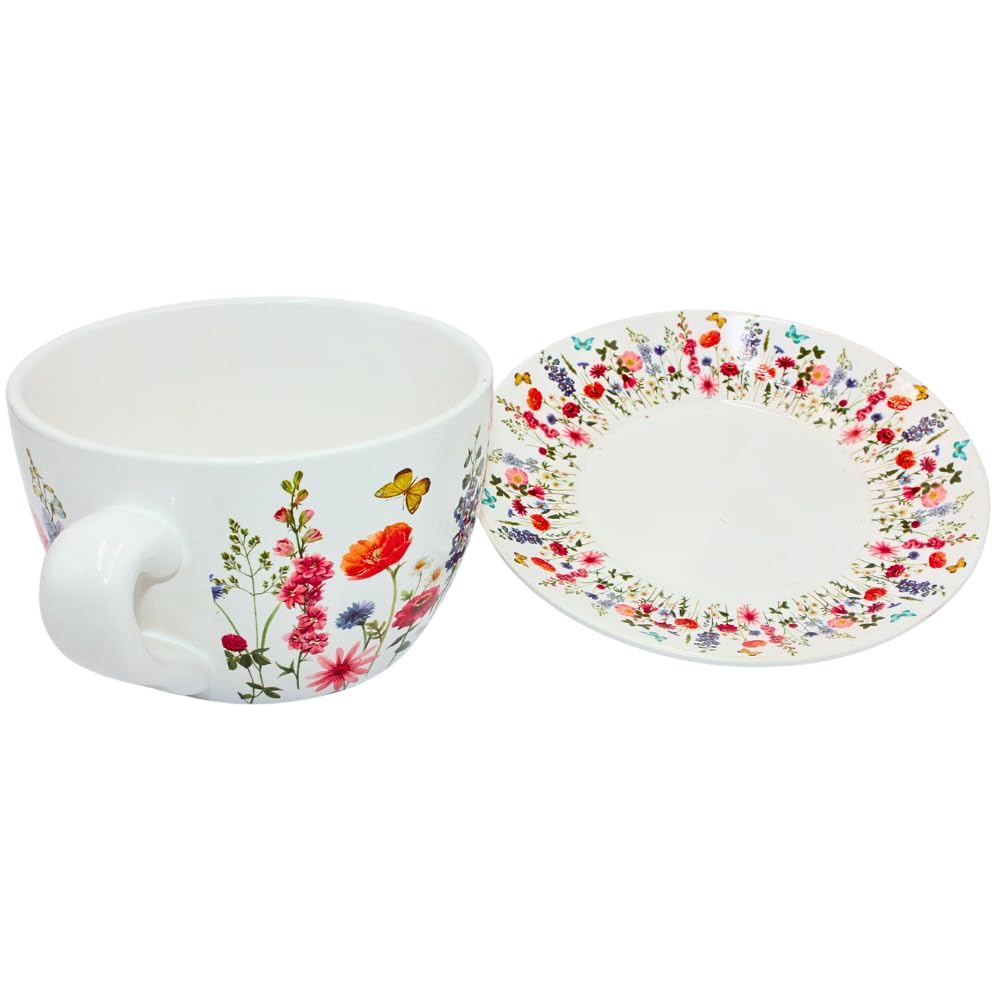 Dekohelden24 Pot De Fleurs Céramique Multicolore - Motif Printanier Fleurs & Papillons, 28x24x14 Cm, Idéal Intérieur & Extérieur