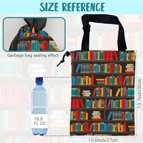 Image of Car Garbage Bag Colorful Bookshelves Library Drawstring Car Trash Bag Hanging for Back Seat with Adjustable Buckle Canvas Vehicle Trash Can Easy-to-Install