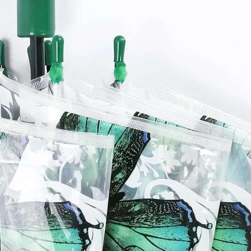 ThreeH Clear Bubble Umbrella with Windproof Transparent Dome POE Canopy Beautiful Butterfly Patterns Curved Handle Automatic Open,Green