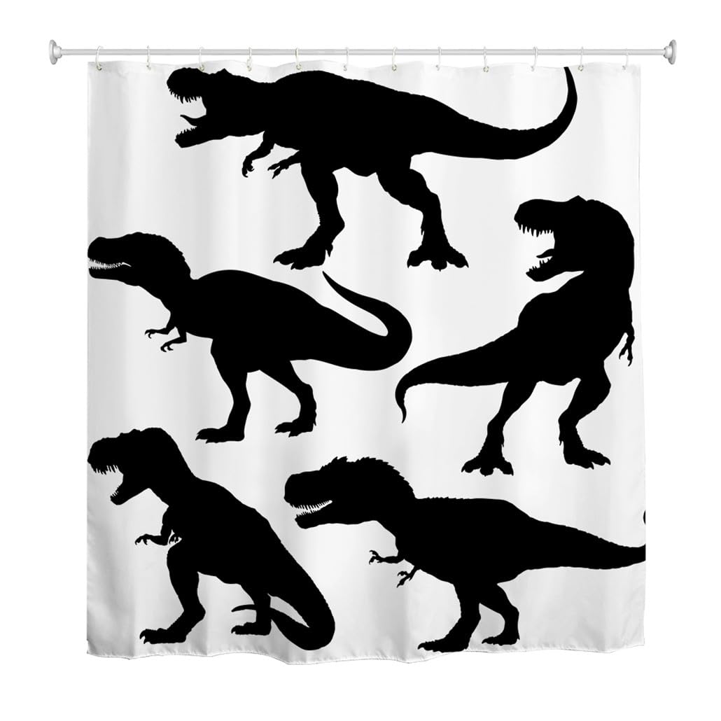 goodbath Dinosaur Shower Curtain, Animal Theme Trex Waterproof Anti Mould Fabric Shower Curtains Wetroom Bathroom,180x180cm,Black White