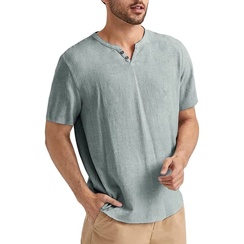 CrownsneyMens Casual Stylish Linen Shirts Short Sleeve V Neck Roll Up Casual