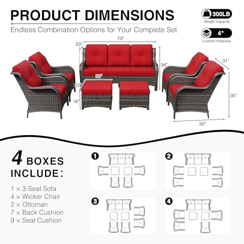 Image of Joyside 7 Piece Wicker Patio Furniture Set, Rattan Patio Chairs with High Back, Deep Seating, Wide Armrest, Thickened Cushions, Outdoor Furniture for Deck, Porch Use
