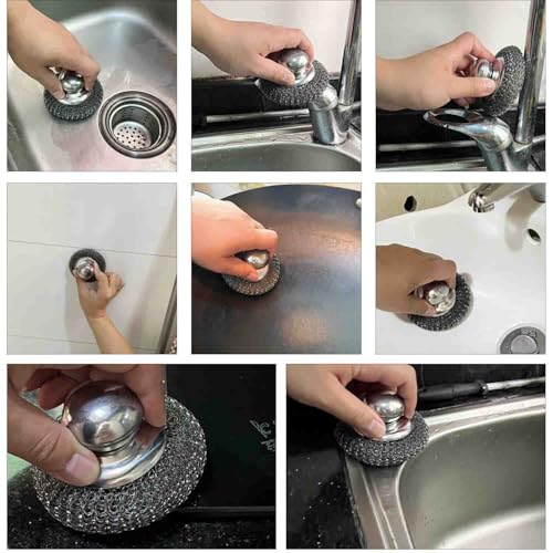 Image of Steel Wool Scrubber with Handle, Heavy Duty Dish Scrubber, Steel Brush for Cleaning Pots, Pans, Grills, Sink (4 Pack)