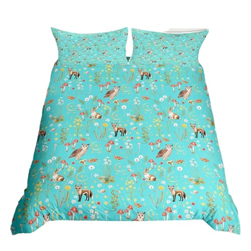 Homewish Floral Double Bed Bedding Sets for Kids Adults, Microfiber Reversible Duvet Cover Sets Wild Animals Print, Aesthetic Teal Woodland Bedding & Linen, Botanical Flower Plants Duvet Cover