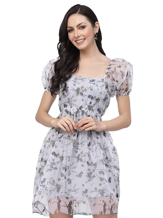 Image of Women Floral Organza Skater Dress Fit & Flare Short Dress Knee Length,Sizes S-XXL