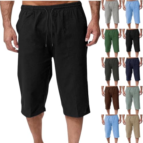 Cambkatl Men's Cotton Linen Capris Casual Summer Lounge Pants Lightweight Drawstring Elastic Waist Beach Pants with Pockets2