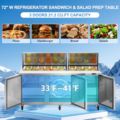 Image of Rockitch 72 inch W Commercial Sandwich Prep Table Refrigerator, 21.2 Cu.ft Stainless Steel Mega Top Sandwich Prep Table with 30 Pans, 3 Doors Salad Prep Station for Restaurant Food Prep, ETL Approved