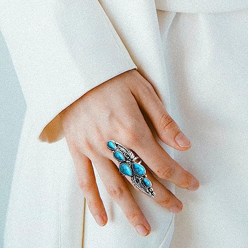 HAIXIAN Antique Full Finger Turquoise Stones Ring,Retro Thick Silver Plated Multi Waterdrop Gemstone Crystal Wide Cocktail Party Ring Jewelry4