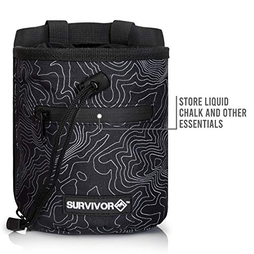 Survivor Chalk Bag + Refillable Chalk Ball + Liquid Chalk - Draw String & 2 Zippered Pockets - Black Chalk Bag For Rock Climbing, Bouldering, Weightlifting With Hand Chalk Accessories For Extra Grip #TOP1
