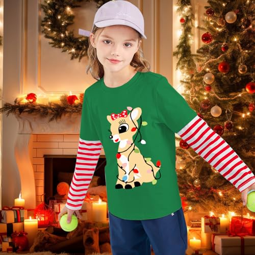 Toddler Girl Christmas T-Shirt Kid Xmas Ugly Reindeer Santa Claus Snowman Shirt Long Sleeve Strip Patchwork Cooton Tee Top2