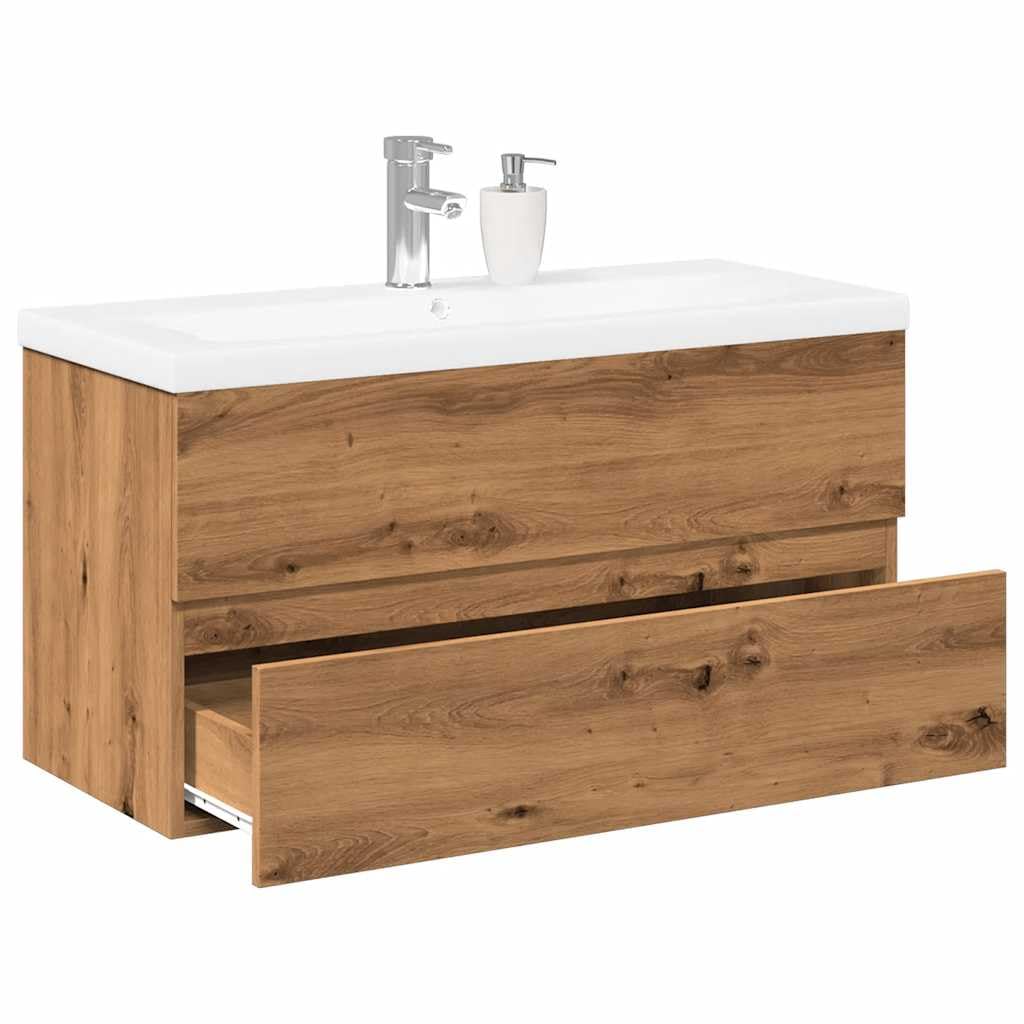 Mobile sottolavabo con lavabo da incasso, in legno di quercia Artisan, 100 x 38,5 x 45 cm, mobile da bagno con cassetto e ripiano per ospiti WC e bagno