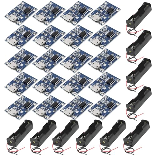 GTIWUNG 20 stycken 5 V 1 A USB-batteriladdningsmodul mikro USB 5 V 1 A laddningsregulator litium Li – jon batteriladdare litiumladdningsmodul + 10 stycken 3,7 V 18650 batterihållare med trådslads, en