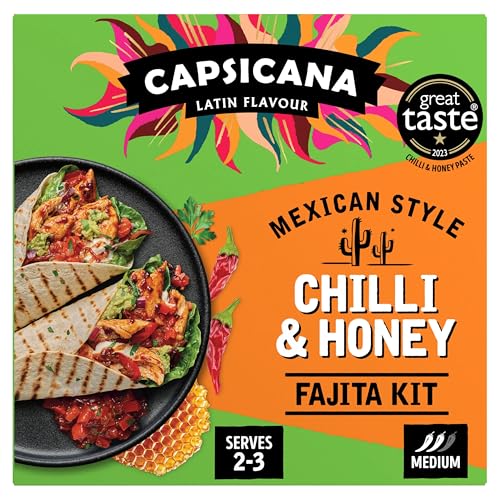 Capsicana Mexican Chilli & Honey Fajita Kit 335g | Serves 2-3 | Authentic Meal Kit Including Tortilla Wraps Cooking Spice Paste & Salsa