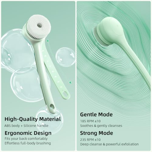 Image of Electric Body Brush, Back Scrubber for Shower with Long Dual Handle, Waterproof Power Shower Brush with 3 Interchangeable Heads & 2 Speeds for Cleansing, Exfoliating and Massage, Classic Green