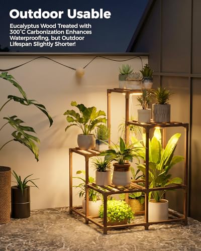 Image of Bamworld 4-Pot Plant Stand with Grow Light Indoor Outdoor Corner Shelf Plant Holder Flower Stand Wood Plant Rack Indoor Multiple Plants Patio Balcony Garden Living room