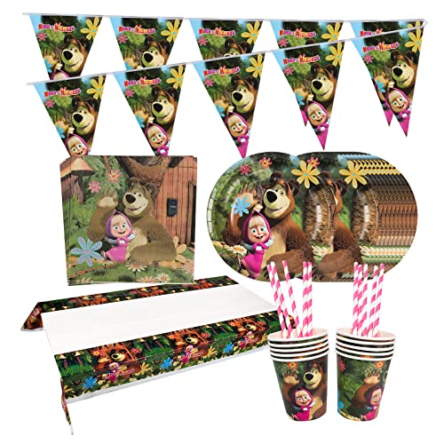 Masha e Orso Kit Festa Compleanno, 52Pcs Masha Stoviglie Festa di Compleanno, Piatti, Paglia, Tovaglia, Striscione, Bicchieri di Carta, Tovaglioli, Kit Party Tavola Bambini Compleanno per 10 Ospiti