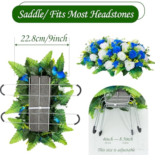 Artificial Headstone Flower Saddle, Cemetery Flowers for Graveside, Memorial Grave Flowers for Cemetery Tombstone Headstone Decoration (Blue with White) image 1