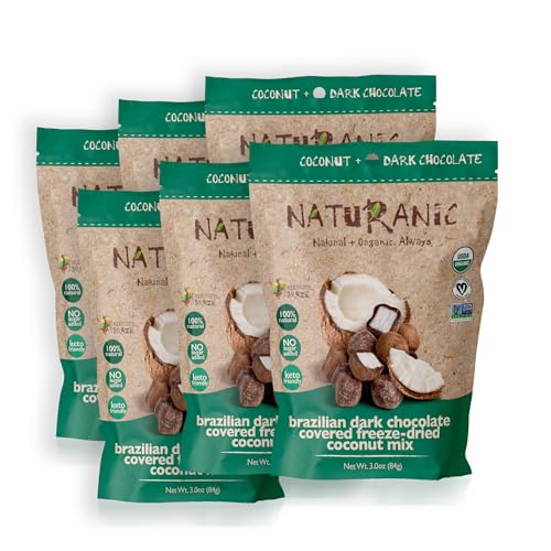 Naturanic Brazilian Dark Chocolate Covered Freeze-Dried Coconut Snack, Zero Carb, Keto Friendly, No Sugar, All Natural, Organic, Vegan - Pack of 6