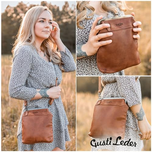 Gusti Leder Handtasche Damen Mittelgroß Echtleder – Vintage Umhängetasche Leder Braun Kratzfest Verstellbarer Riemen Alltag Reise Stadt Ausgefallene Handtaschen