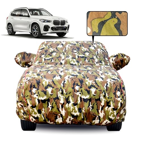 Image of Waterproof Car Body Cover for BMW X5 with Mirror Pocket, Soft Cotton Lining, Triple Stitched, Full Bottom Elastic (Heat Resistant Jungle Print with Red Piping)