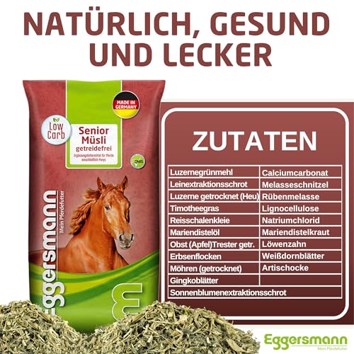 Eggersmann Pferdemüsli Senior getreidefrei - 15kg Natürliches getreidefreies Pferdefutter mit erhöhtem Energiegehalt - Pferdefutter ideal für stoffwechselkranke Pferde