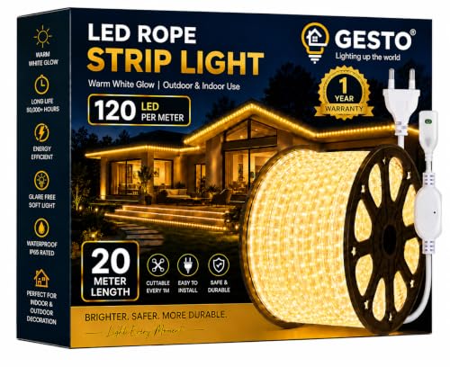 Image of Gesto 20 Meter Warm White LED Rope Strip Light | 120 LEDs /Mtr IP65 Waterproof Indoor & Outdoor Lights for Balcony, Home Decor & Cove Light for False Ceiling | Cuttable Every 1M for Diwali Decoration