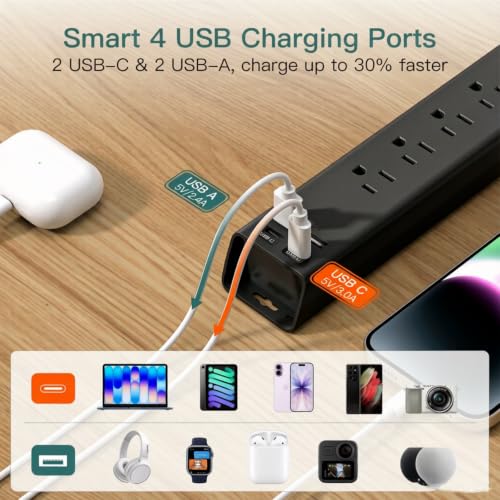 Image of Power Strip Surge Protector with 6 AC Outlets and 4 USB Ports (2 USB-C)