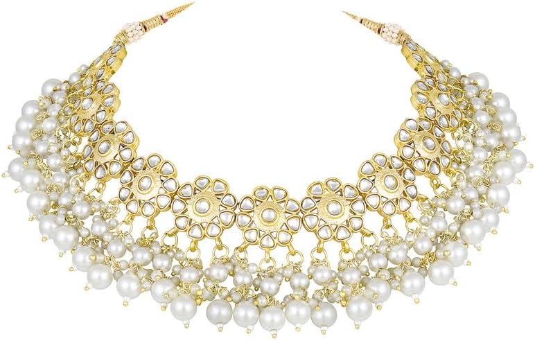 Aheli White Kundan & Beads Studded Ethnic Choker Necklace Dangle Earrings Bharatanatyam jewellery set Traditional Fancy Jewellery Gift for Women - Image 4