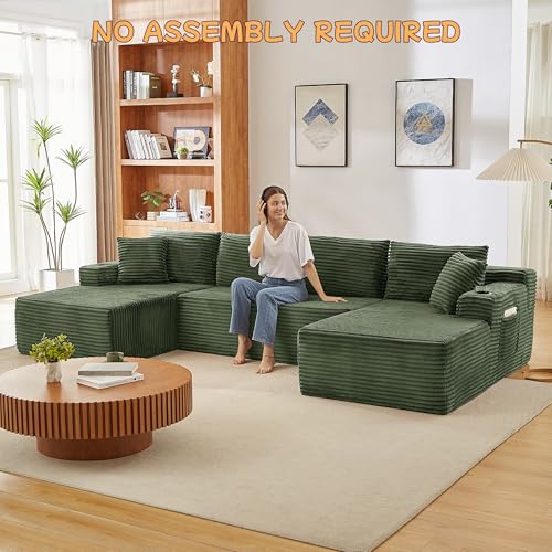 Image of 133.5 inch U Shaped Couch, Modular Sectional Sofa with Chaise, Corduroy U Shaped Boneless Couch with Deep Seat, Upholstered Modular Cloud Sofa for Living Room, No Assembly Required, Green