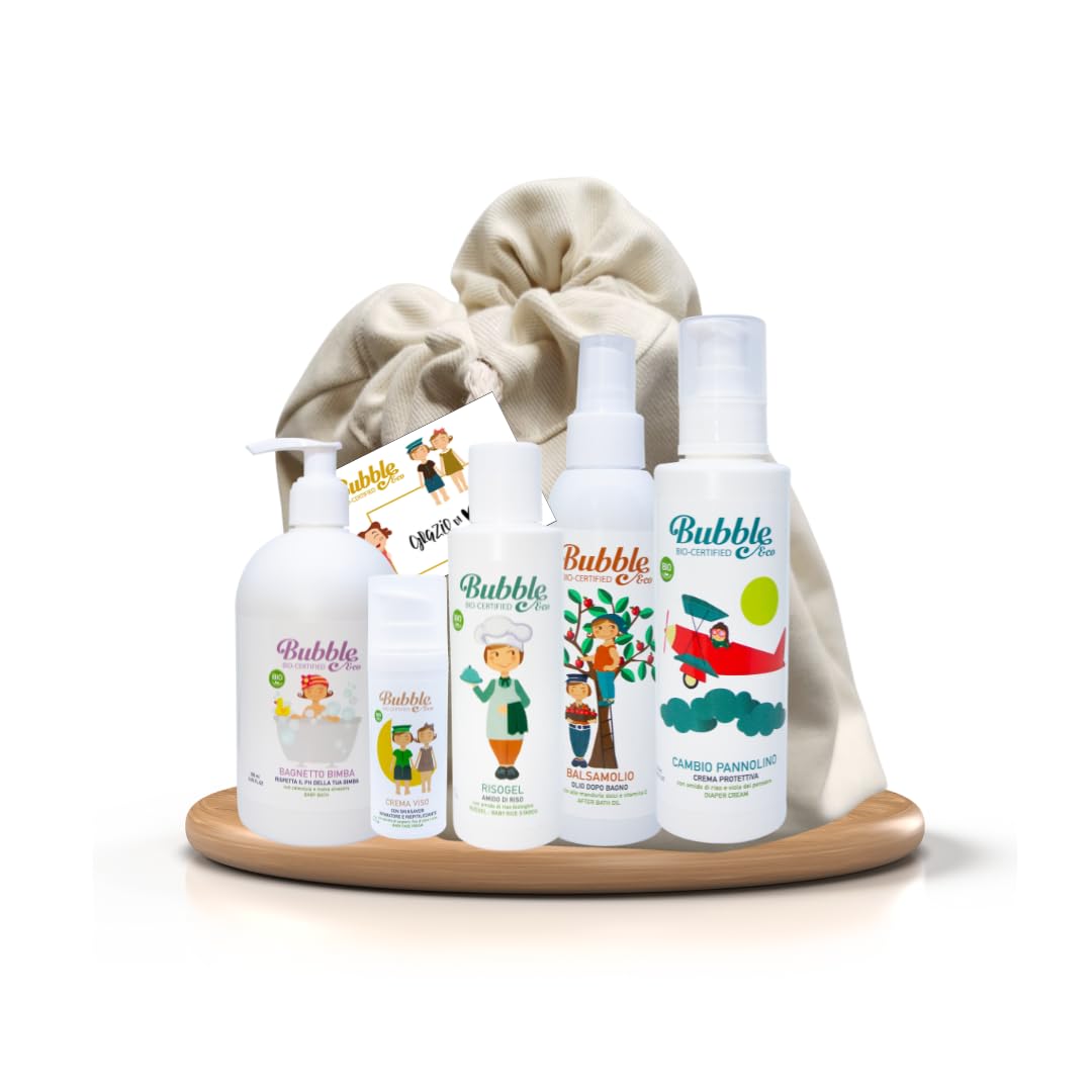 Kit Nascita Bimba - Prodotti Essenziali Nascita Bubble & Co - Crema Cambio, Bagnetto Bimba, Crema Viso, Risogel, Balsamolio + Pochette