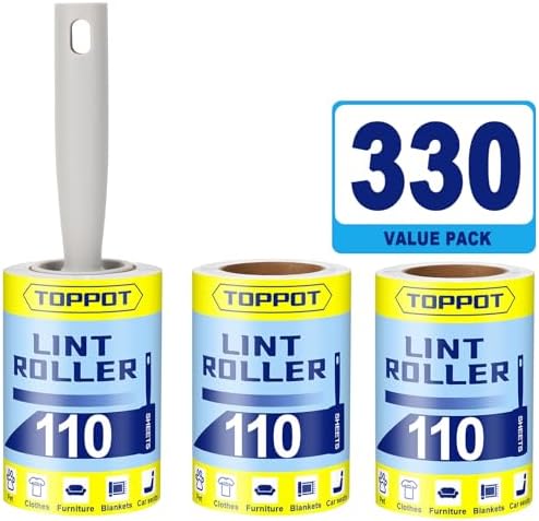 TOPPOT Lint Roller, 330 Sheets Lint Rollers for Pet Hair Extra Sticky, Lint Rollers for Clothes (1 Handles and 3 Refills) Pet Hair Remover Roller, Dog & Cat Hair Lint Remover TOPPOT Lint Roller, 330 Sheets Lint Rollers for Pet Hair Extra Sticky, Lint Rollers for Clothes (1 Handles and 3 Refills) Pet Hair Remover Roller, Dog & Cat Hair Lint Remover