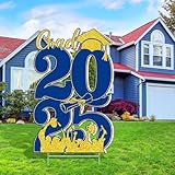 JUNENTER 卒業式ヤードサイン 2025年度卒業クラス 26インチ x 16.5インチ 大型卒業式デコレーション グリッター 防水 2025年芝生卒業式ヤードサイン 杭付き 卒業パーティー 屋外 大学 屋外用 (ブルーとゴールド)