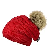 Miuno® Kunstfell Bommelmütze Strickmütze Beanies mit Teddyfutter MJ166 (Rot)
