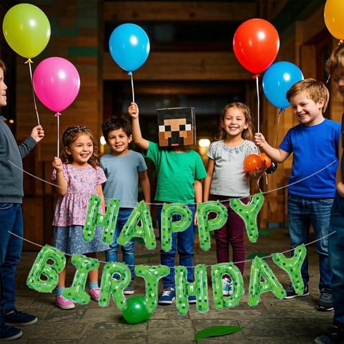 Image of Green Pixel Miner Theme Happy Birthday Balloons Banner 16 Inch Letters, Inflatable Party Decor and Birthday Decorations for Women, Men, Boys & Girls Kids and Adults, Party Supplies