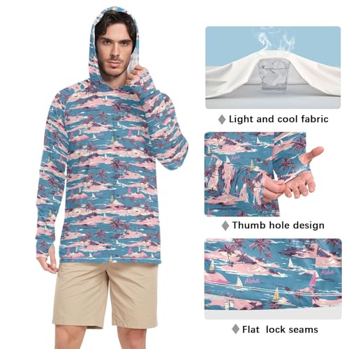 Hawaii Turquoise Tropical Sun Shirt Hoodie for Men Long Sleeve Sun Shirt with Hood UPF 50+ Sunproof Shirts Rash Guard Men4