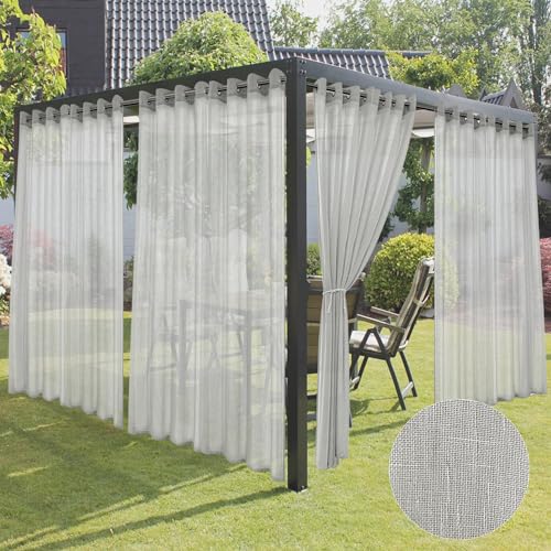HolidayIdeas 4 Panels Linen Outdoor Sheer Curtains for Patio Waterproof-Grey Semi Sheer Wide Grommet Indoor/Outside Voile Curtains for Living Room, Bedroom, Porch, Pergola, Cabana 110x84 Inch