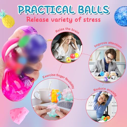 Image of 54 Pack Stress Balls, Squishy Balls, Squeeze Balls for Adults | Stress Relief Balls, Prize Box Stuffers, Party Favors