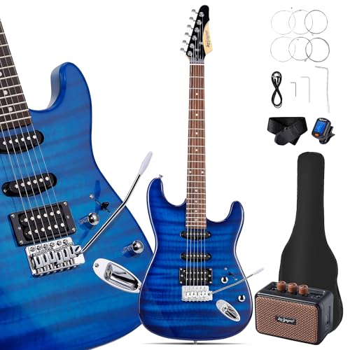 Leo Jaymz 39' Full Size ST Style Electric Guitar Starter Kit with SSH Pickup, 5W Portable Amp, Tuner, Gig Bag, Strap & Accessories(Blue Flame 5W)