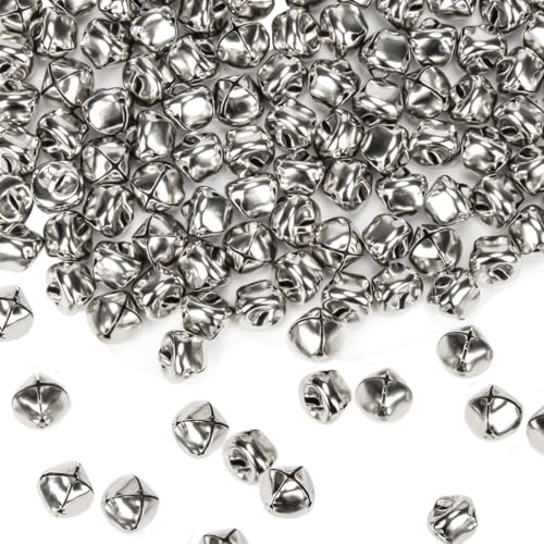 MAQIHAN Jingle Bells for Crafts - 100PCS 0.6 Inch Small Christmas Bells Silver Craft Bell Bulk for DIY Christmas Tree Wreath Home Pet Party Festival Decorations With Crisp Sound Convenient to Hang