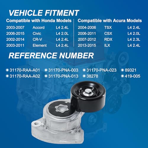 Image of Drive Belt Tensioner w / Pulley Fits Honda Accord 2003-2007, Civic 2006-2015, CR-V 2002-2014, Element 2003-2011, Acura TSX /CSX /RDX /ILX, Replaces 31170-RAA-A01 38278
