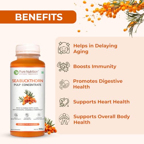 Image of Pure Nutrition Seabuckthorn Pulp Concentrate 300ml | Rich in Omega Fatty Acids (3,6,7 & 9), Vitamins & Antioxidants | Supports Immunity, Heart & Digestive Health | Promotes Skin,Cellular Health & Overall Wellness