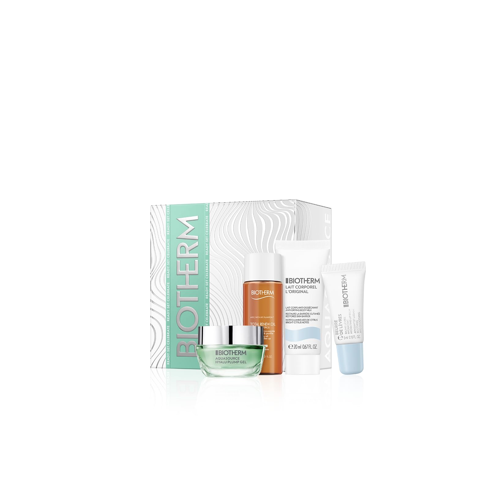 Biotherm Aquasource Hyalu Plump Holiday Recruitment Set (Aquasource Hyalu Plump Gel 15ml, Biosource Total Renew Oil 30ml, Lait Corporel l'Original 20ml & Beurre de Lèvres 5ml), nährendes Pflegeset