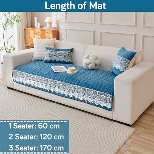 Image of HOKIPO 'BelleLace Series' Imperial Milk Velvet Sofa Cover Mat for 1 Seater Sofa, Lace Design, Celadon Blue (AR-5962-BL*1)