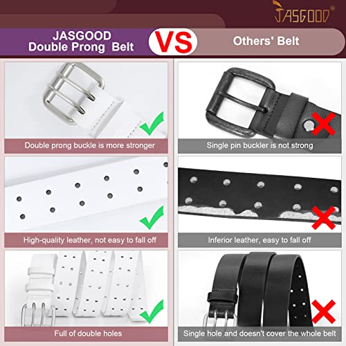 Image of JASGOOD Men Double Prong PU Leather Belt Casual Work Heavy Duty Belt Double Grommet Holes Belt for Jeans
