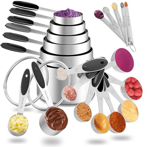 Minteem Measuring Cups and Spoons Set, 21 Pieces Stainless Steel Measuring Cups Measuring Spoons Set with Black Silicone Handle, Nesting Measuring Cup Spoon for Dry or Liquid Ingredients