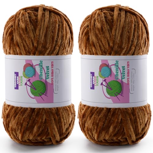 Image of Chenille Velvet Yarn for Crocheting, Brown Fuzzy Fluffy Yarn for Crochet | 2 Pack of 3.5 Oz /131.2 Yds Bulky Thick Chunky Yarn for Crocheting, Soft Amigurumi Yarn for knitting Baby Blankets, Scarves