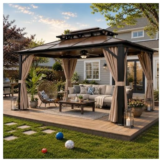 YOLENY 10'x13' Hardtop Gazebo, Outdoor Polycarbonate Double Roof Canopy, Aluminum Frame Permanent Pavilion with Curtains and Netting, Sunshade for Garden, Patio, Lawns